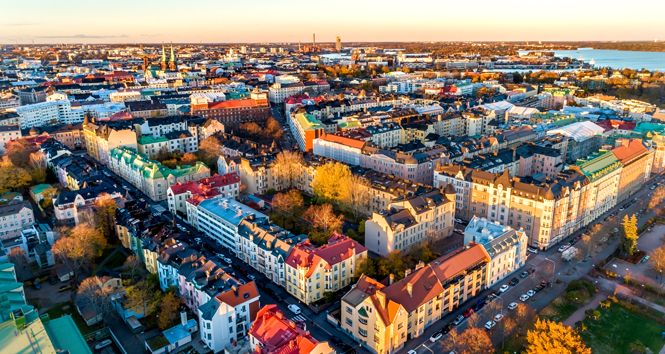 Aerial view of Helsinki city. Sky and colorful buildings.