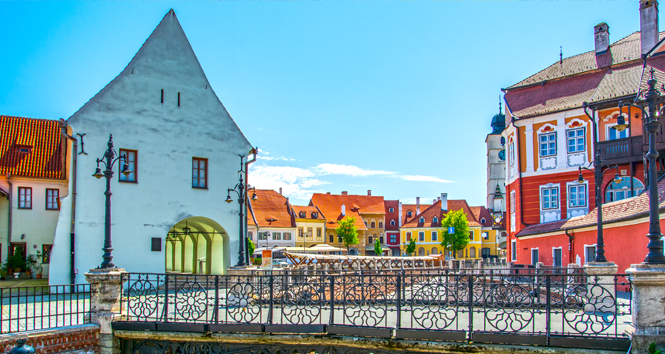 Sibiu, Transylvania, Romania, the Liars Bridge and view of Small Square