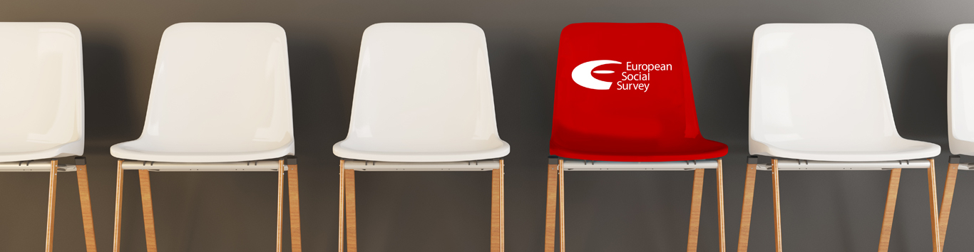 Six chairs in a row, one is red and has the ESS logo printed on it.