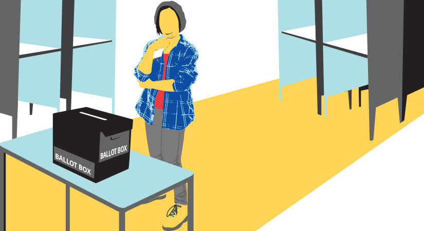 Illustration of a person standing at a ballot box