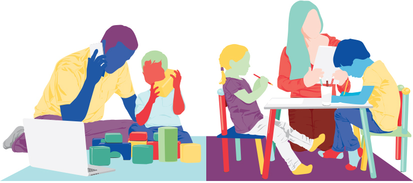 Colourful illustration of two parenting groups, a man and woman working while looking after children.