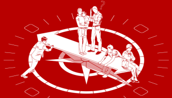 Illustration of various people on a compass dial